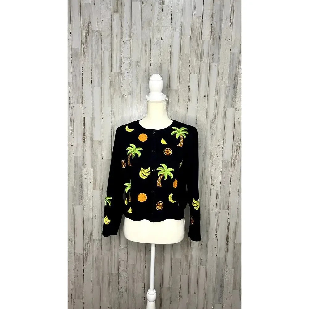 Vintage Emma Tricot Embroidered Beach Themed Cardigan‎ Black Women's Small